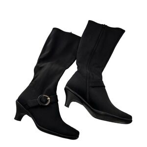 Bellini Black Knee-High Heel Boots Gold Buckle 7.5W Wake up stretch Classic Moto